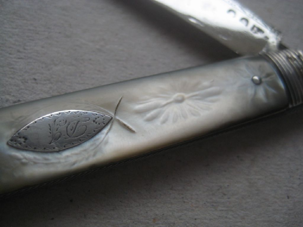 Rare Large Double Duty Marked Mother of Pearl Hafted Silver Fruit Knife - Image 2 of 12