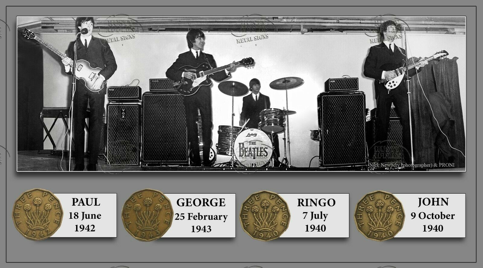 The Beatles Unique Original Birth Years Coin Metal Plaque Montage