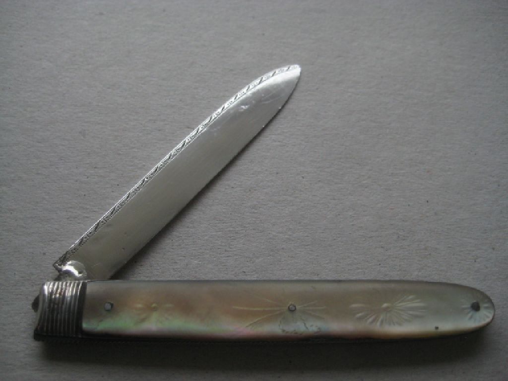 Rare Large Double Duty Marked Mother of Pearl Hafted Silver Fruit Knife - Image 9 of 12