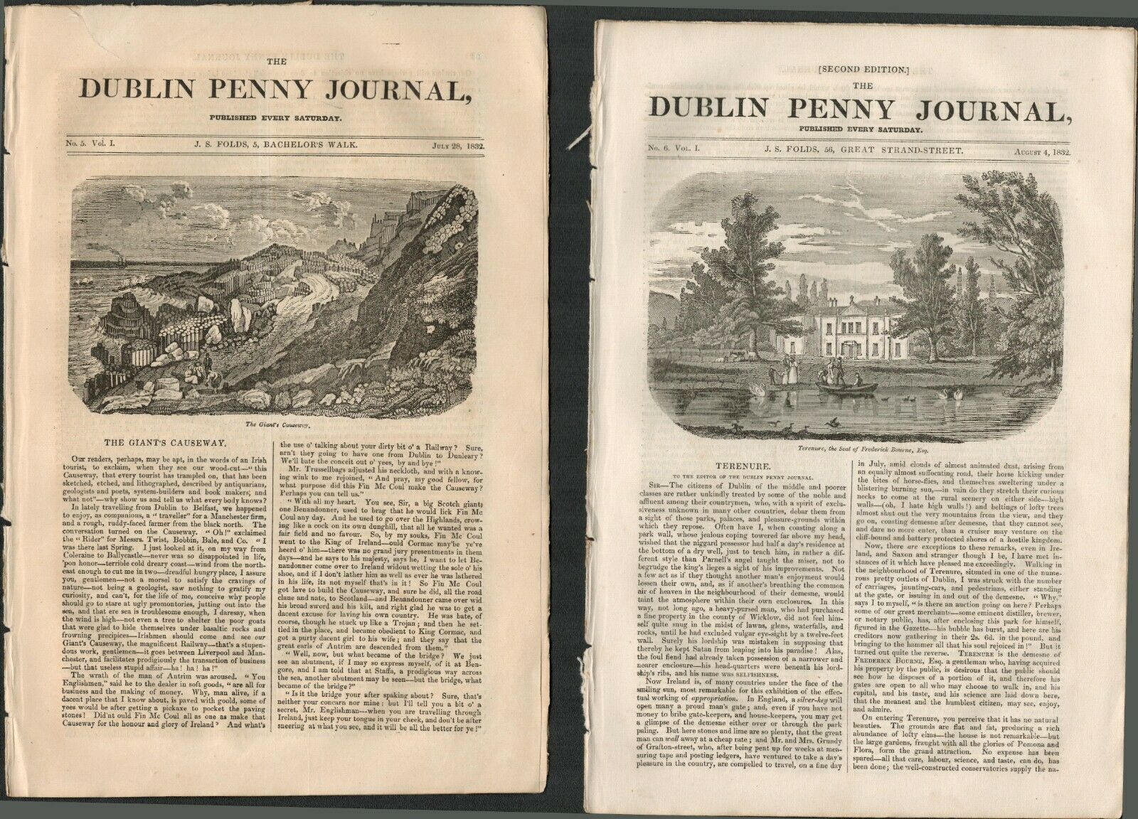 2 Antique Editions 1832 Dublin Penny Journal 14 Giant Causeway