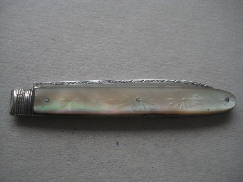 Rare Large Double Duty Marked Mother of Pearl Hafted Silver Fruit Knife - Image 7 of 12
