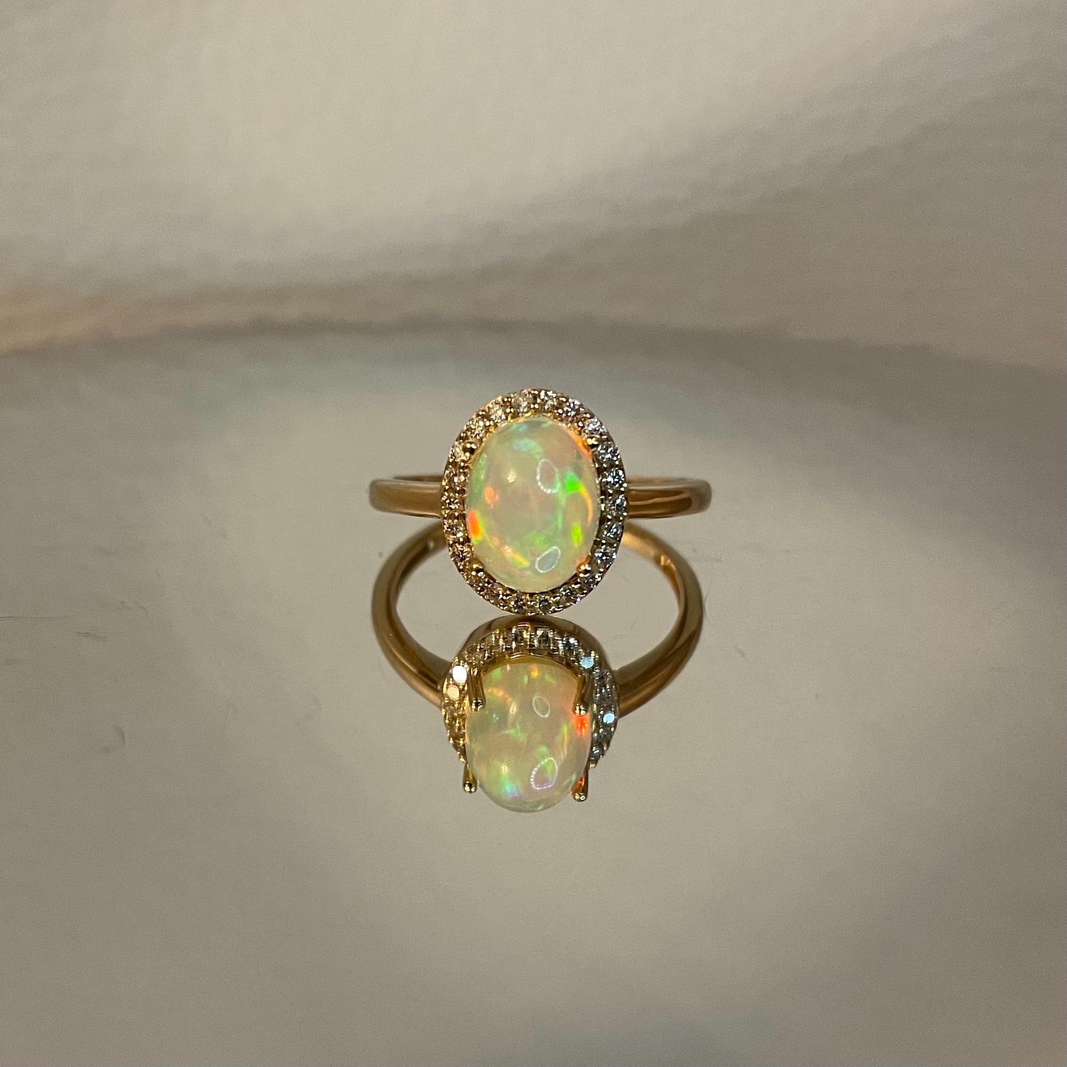 Beautiful Natural Opal Ring With Diamonds And 18k Gold