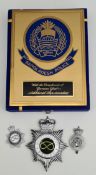 Vintage Bangladesh Police Presentation Plaque & Staffordshire Police Cap and Helmet Badges