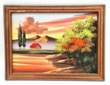 Vintage Kitsch Painting Tropical Scene Framed. Measures 14 inches by 11 inches.