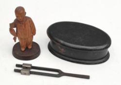 Antique Ebonised Oval Box Carving of Chinese Boy & Tuning Fork