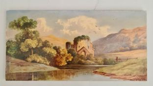 Victorian Hand Painted Tile Signed L Aubrey Ruins Nr Malvern c1860