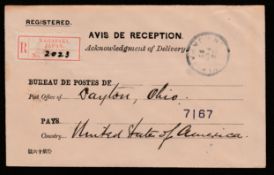 Japan / U.S.A. 1897 Avis de Reception form for a registered letter from Dayton, Ohio, to Nagasaki, s