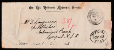 Gilbert & Ellice Islands / Australia - P.O.W. Mail 1918 (May 1) Long stampless cover (light folds,