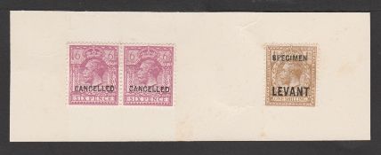 G.B. - King George V c.1921 Archival piece bearing 1912-24 6d pair each overprinted "CANCELLED" (typ
