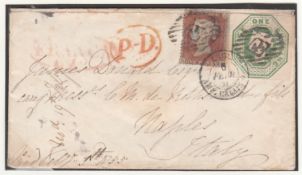 G.B. - Embossed Issues 1855 Cover to Naples franked by 1d red 'stars' (creased) and a fine four marg