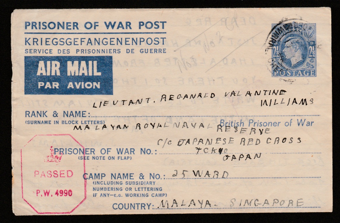 Great Britain World War Two / Malaya 1944 G.B. 21/2d air mail lettersheet for use by P.O.W.s and int
