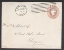 G.B. - Machines 1893 1d Postal stationery envelope (flap missing) cancelled by the scarce Internatio
