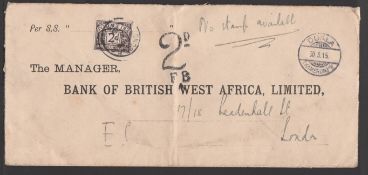 Cameroons 1915 (Mar. 30) Long Stampless cover (vertical fold) to London, endorsed "no stamp availab