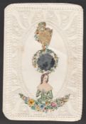 Valentines c.1860 Card with a mirror in the centre, flowers and a print of a young lady below, 'Toke