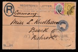 G.B. - Surface Printed 1901 2d postal stationery Registration Envelope used to Germany franked by th