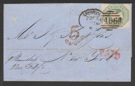 G.B. - Embossed Issues 1856 Entire letter to New York franked by embossed 1/- (cut square, touched a
