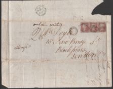 G.B. - Cancellations 1856 Large cover from Birmingham to London with three 1d reds cancelled by scar