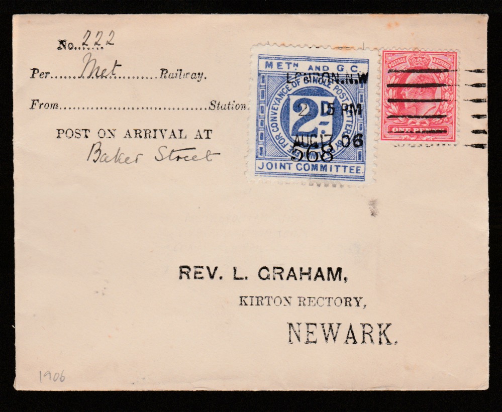 Great Britain - Railways 1906 Cover to Rev. Graham in Newark bearing KEVII 1d and 2d Metropolitan &