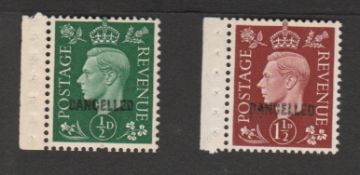 G.B. - King George VI 1937 1/2d green, 11/2d red-brown each with small margin at left with stitch h