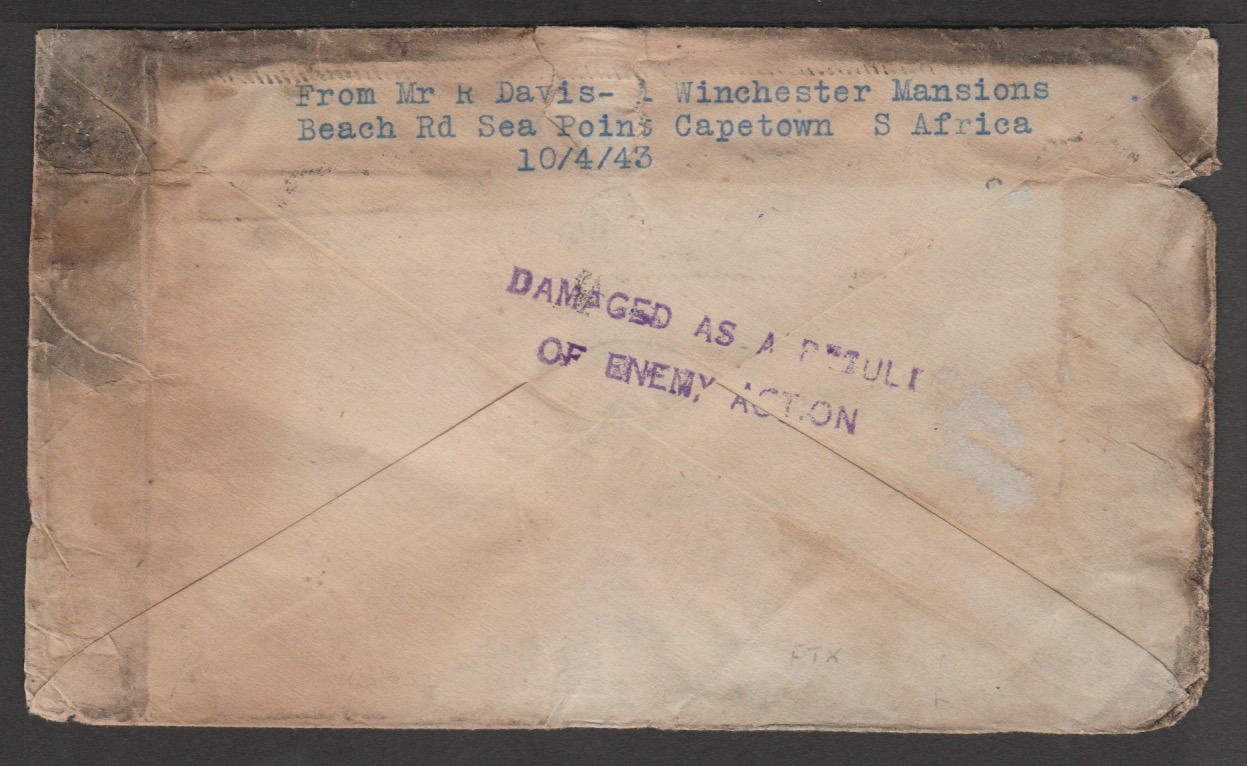 Great Britain - World War Two 1943 Cover from Cape Town to Wales, damaged by fire and water with the