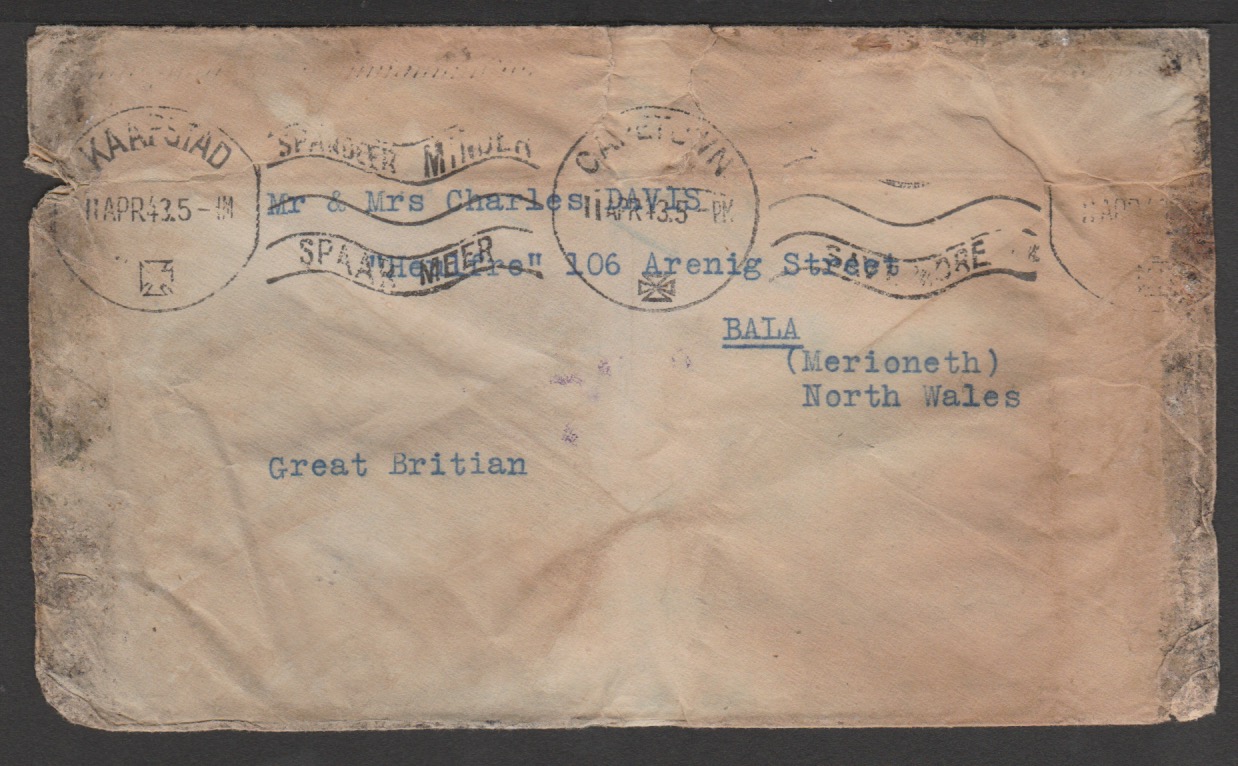 Great Britain - World War Two 1943 Cover from Cape Town to Wales, damaged by fire and water with the - Image 2 of 2