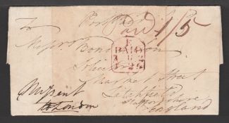 G.B. - ISLE OF MAN / LONDON 1825 Entire letter (file folds) from Castletown to Lichfield prepaid...