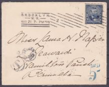 BERMUDA 1899 Cover from New York franked 5c with blue "5d" charge mark (Proud UP14, first recorde...