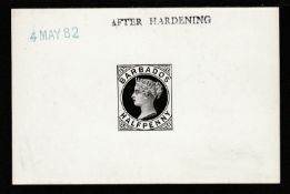 BARBADOS 1882 1/2d Postcard stamp Die Proof on white glazed card stamped "AFTER HARDENING" and d...