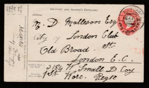 ADEN 1896. India 1a Soldiers and Seamans envelope envelope sent to England endorsed from a soldie...