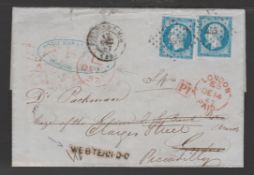 GREAT BRITAIN - LONDON 1857 Cover from France to London, redirected from the City to Piccadilly,...