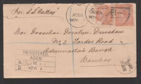 ADEN 1884 Registered cover (edge faults, with enclosed letter) to Bombay bearing QV 2a (faults)...