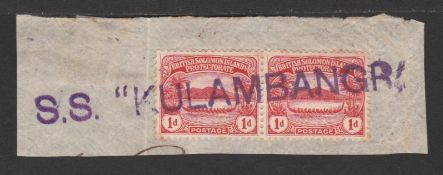 BRITISH SOLOMON ISLANDS c.1912 Piece bearing 1908 Small Canoe 1d pair cancelled by a virtually c...