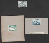 ICELAND 1959 40th Anniversary of Civil Aviation, 3k.50 and 4k.05 stamp sized handpainted essays...