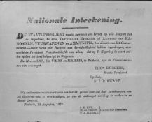 TRANSVAAL 1872 Printed document in which President Burgers calls upon the citizens to voluntariy...