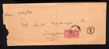 ZANZIBAR 1932 Long envelope (folded, roughly opened) posted without stamps, (probably contained...