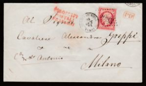 LEVANT 1863 Cover to Milan franked by France 1862 80c cancelled "5083" and tied by "CONSTANTINOP...