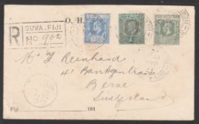 FIJI 1913 Registered cover from Suva to Switzerland bearing KEVII 21/2d + 1/- and KGV 1/2d, unus...