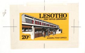 LESOTHO 1972 Original signed artwork for the 20c value of the Post Office Centenary issue, depic...