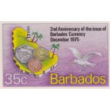 BARBADOS 1975 Handpainted Essay for 35c 2nd Anniversary of Barbados Currency stamp, with black l...