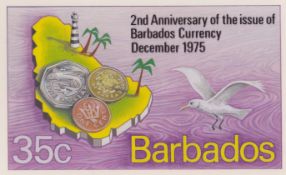 BARBADOS 1975 Handpainted Essay for 35c 2nd Anniversary of Barbados Currency stamp, with black l...