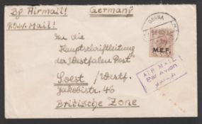 LIBYA 1948 Air Mail Prisoner of War Cover from Derna to Germany bearing 5d overprint. The return...