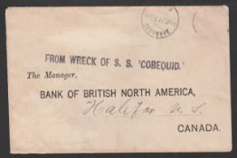 BARBADOS / WRECK MAIL 1914 (Jan 1) Cover from Barbados to Halifax, Nova Scotia, the stamp washed...