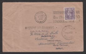 BAHAMAS 1950 Cover from London to Grand Turk, redirected to Bermuda but missent to Nassau, hands...