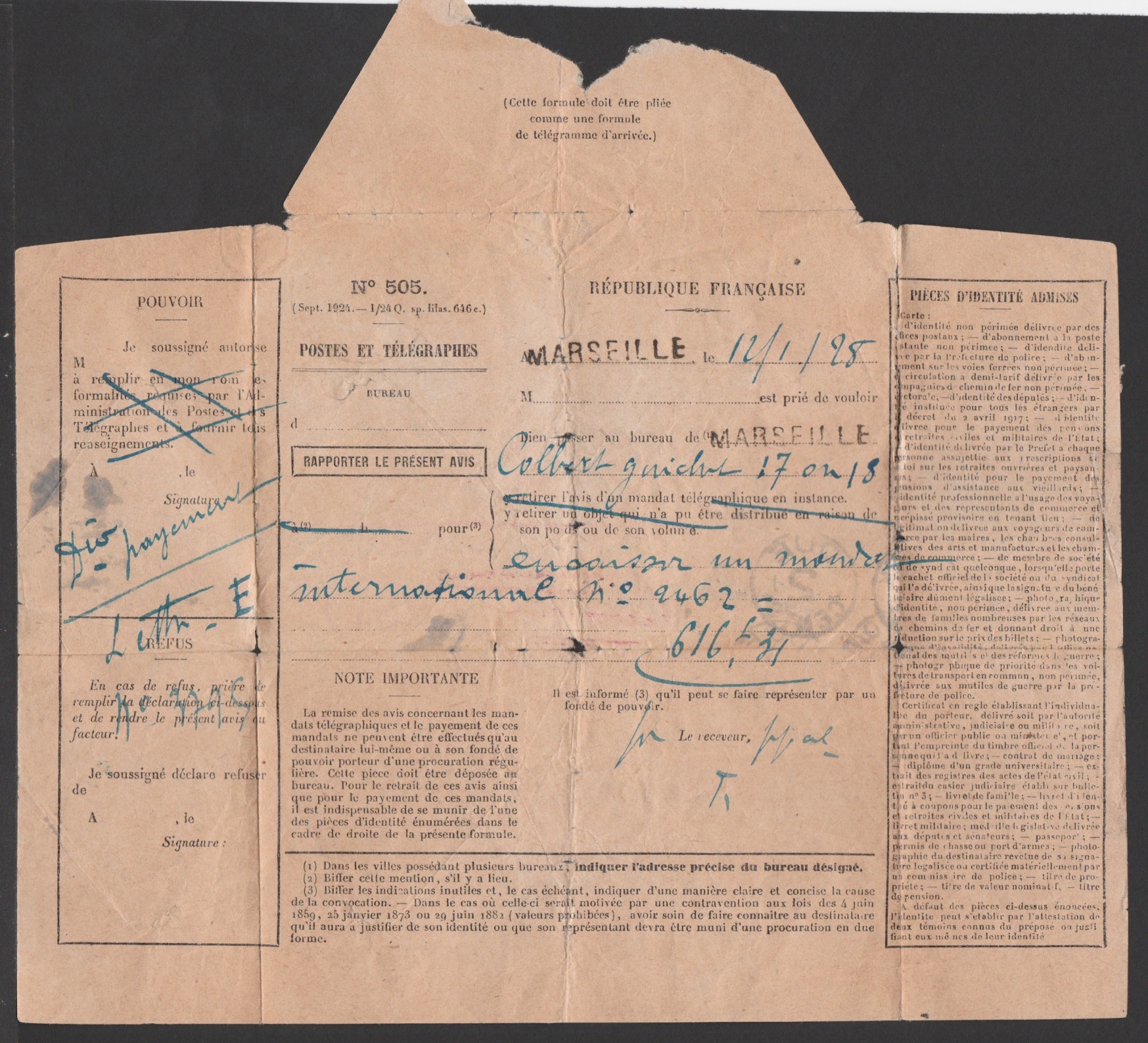GIBRALTAR 1928 (Jan 12) France Official Postal Note (some wear) from the Marseille Post Office to... - Image 3 of 3