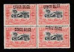 BELGIAN CONGO 1909 3f 50 block of four handstamped "CONGO BELGE" at Boma, fine unused, large par...