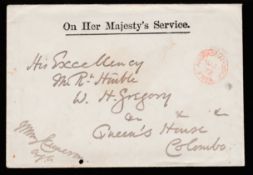 CEYLON 1872 Stampless O.H.M.S. cover to W.H. Gregory, the Governor of Ceylon at Queens House, Co...