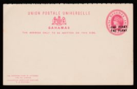 BAHAMAS 1892 "ONE PENNY" surcharge on 1.1/2d carmine reply card with variety double surcharge on...