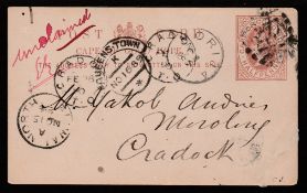 BASUTOLAND 1889 Cape 1/2d postcard (corner crease) cancelled "277" numeral with a "MORIJA" c.d.s...