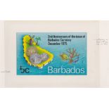 BARBADOS 1975 Handpainted Essay for 5c 2nd Anniversary of Barbados Currency stamp, with black le...