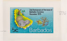 BARBADOS 1975 Handpainted Essay for 5c 2nd Anniversary of Barbados Currency stamp, with black le...